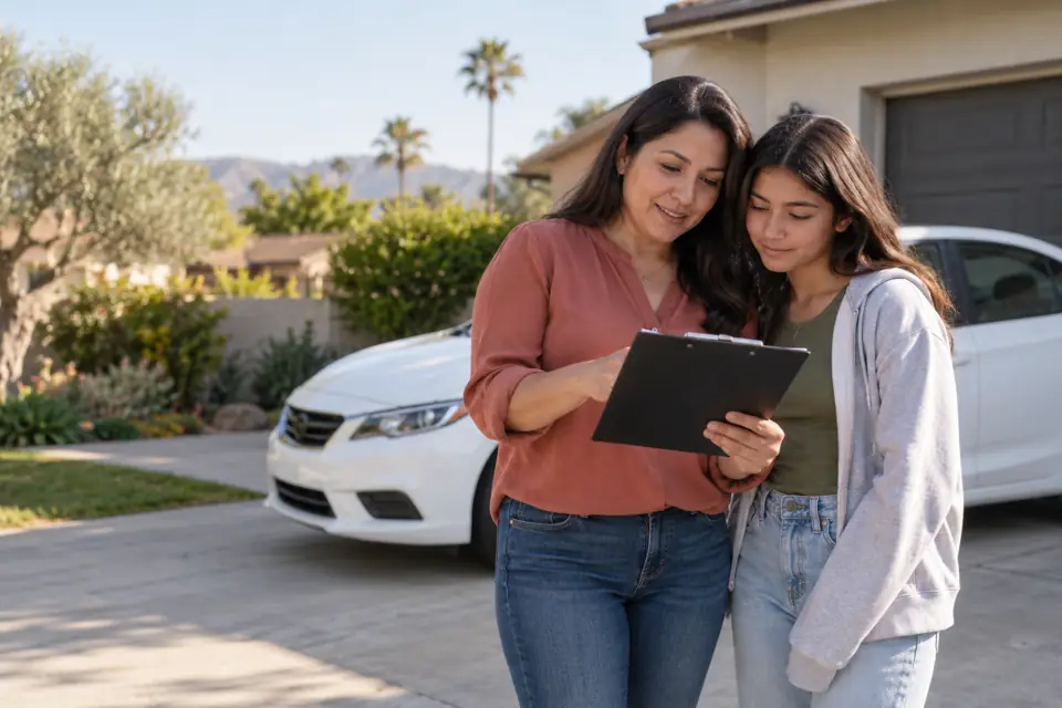 Mother and teenage daughter reviewing paperwork beside their car at home