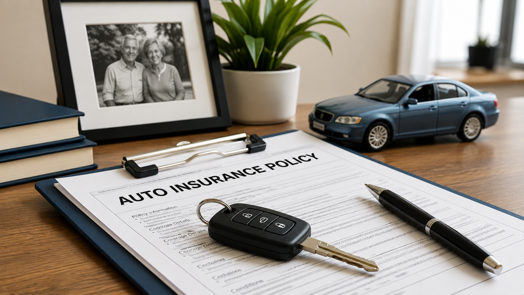 Auto insurance policy, car keys, vehicle, and a framed family photograph