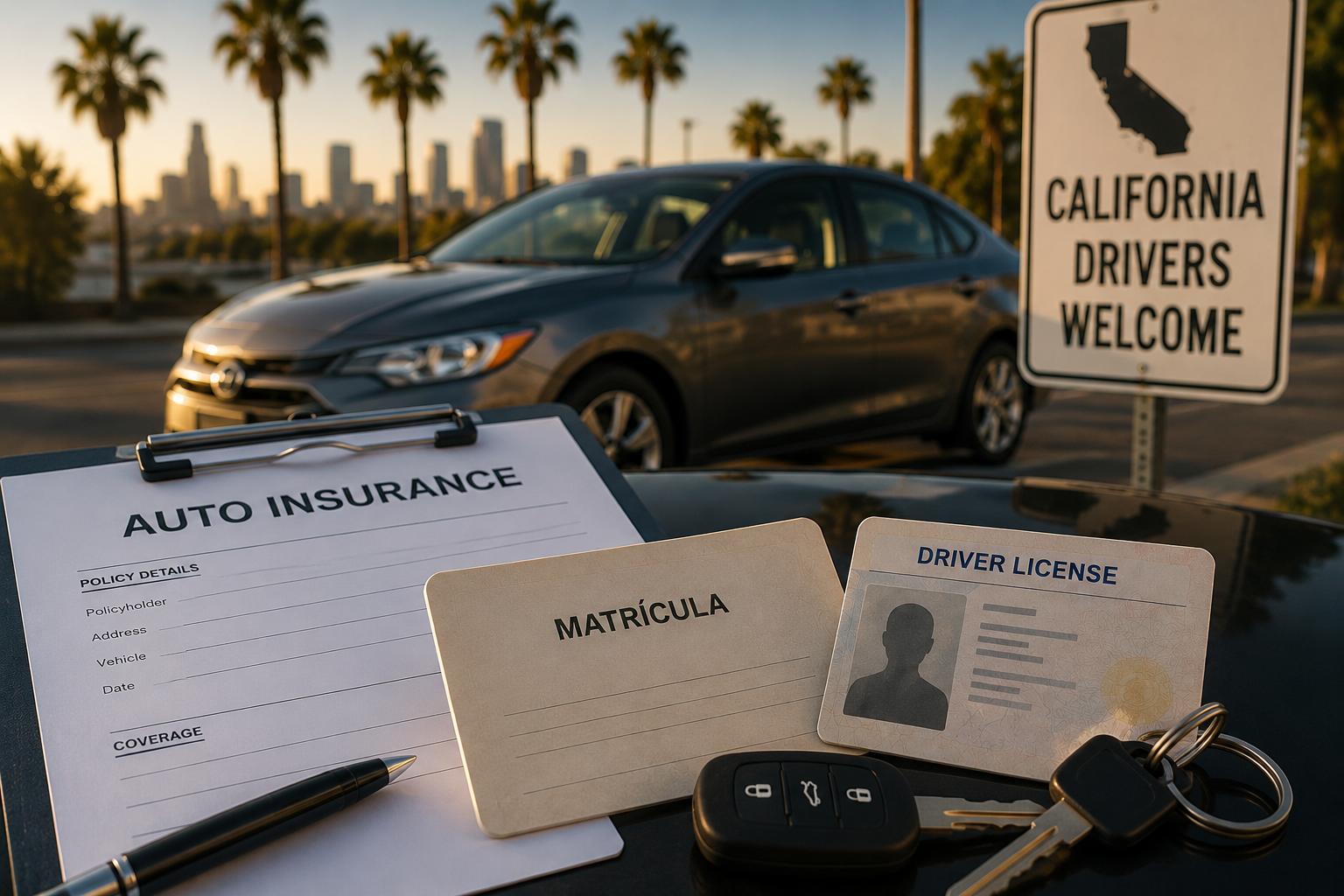 Auto insurance documents, matrícula and driver license with a car in California