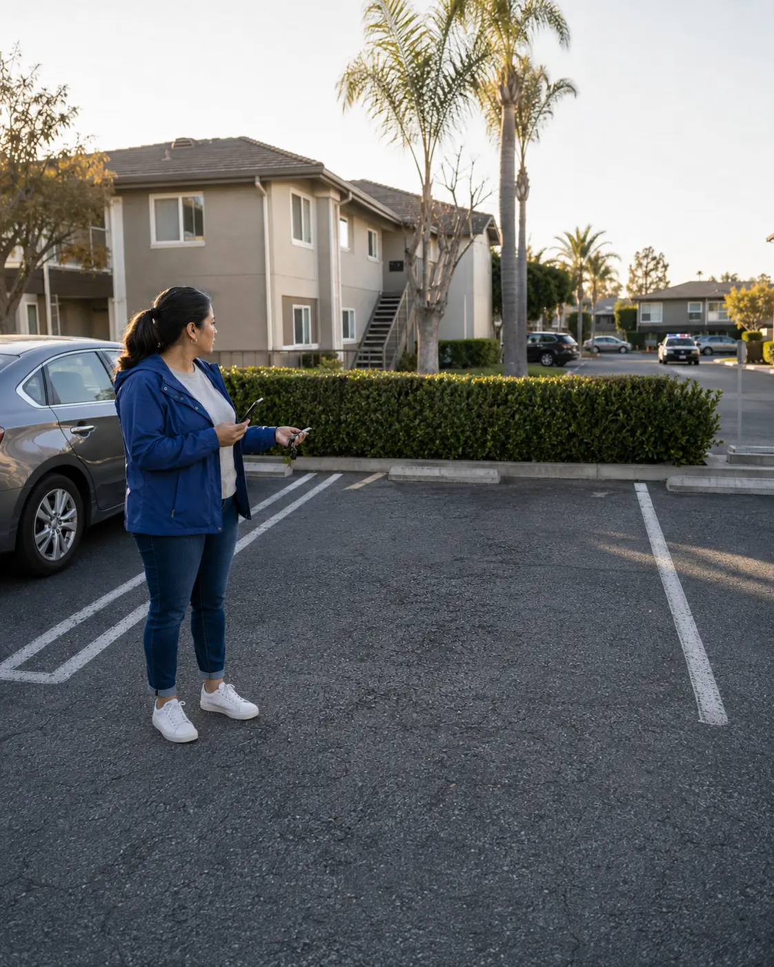 Vehicle owner holding keys and a phone beside an empty parking space as police arrive