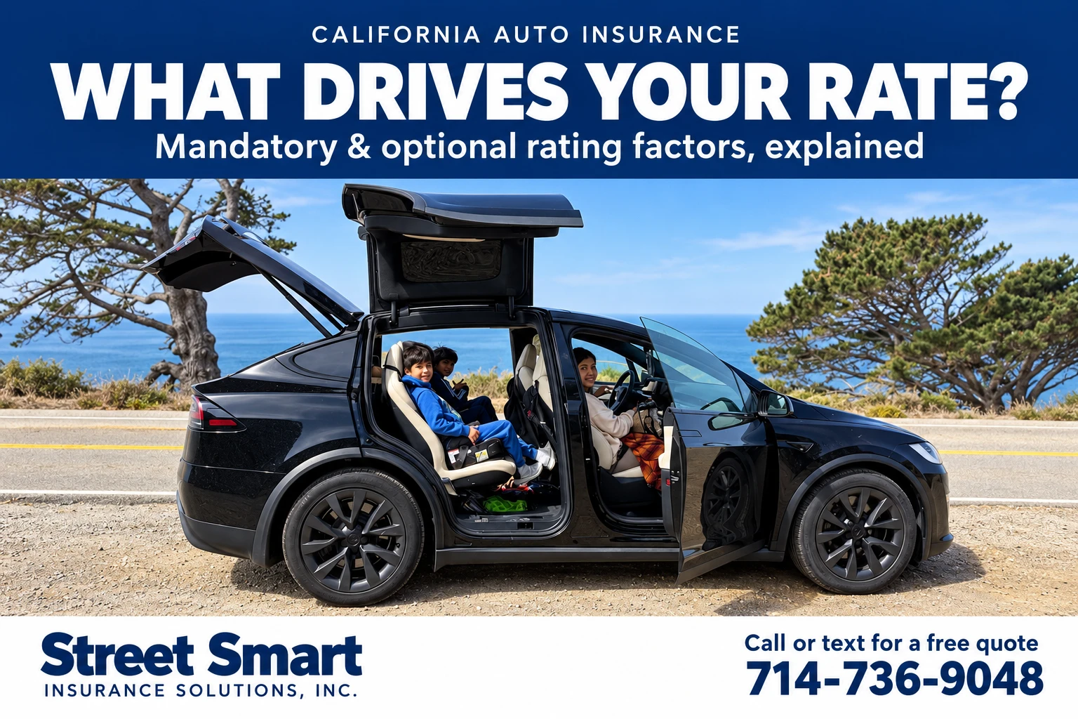 Street Smart Insurance: ¿Qué determina el precio de su seguro? Factores del seguro de auto en California, con una familia junto a la costa. Llame o envíe un mensaje al 714-736-9048.