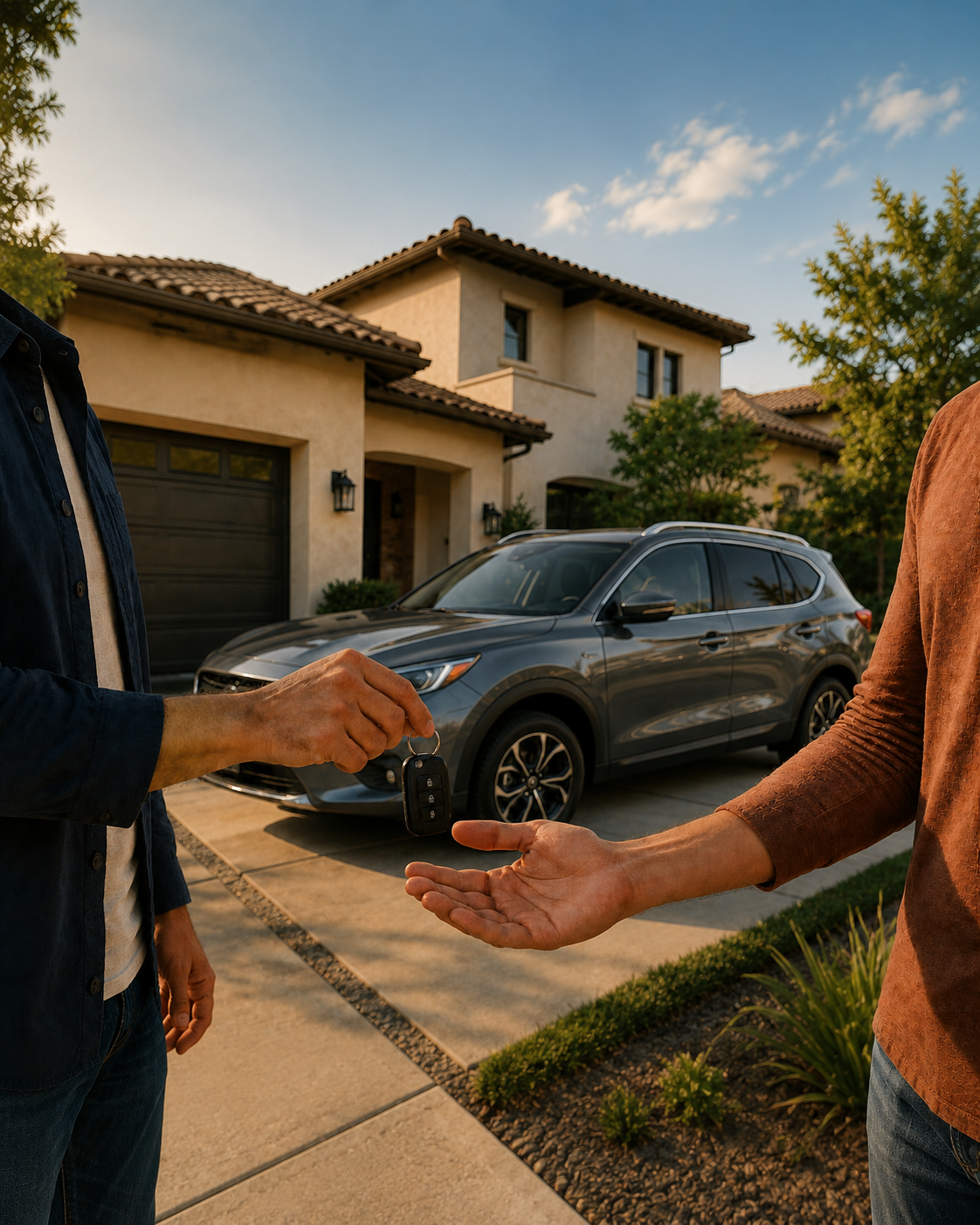 One person handing car keys to another person beside a gray SUV